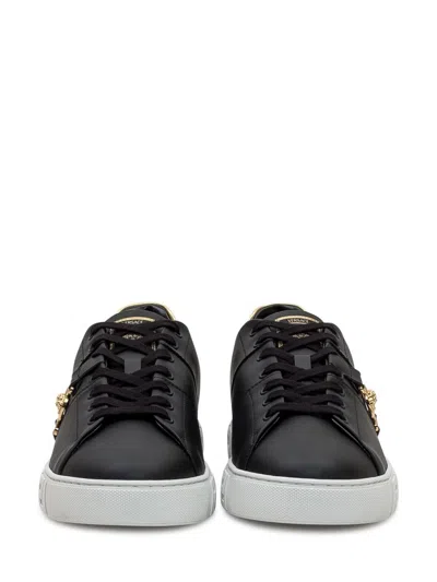 Versace Black Low Top Sneakers With Contrasting Heel With Logo Lettering And Medusa Plaque In Tech Fabric Ma