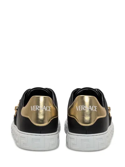 Versace Black Low Top Sneakers With Contrasting Heel With Logo Lettering And Medusa Plaque In Tech Fabric Ma
