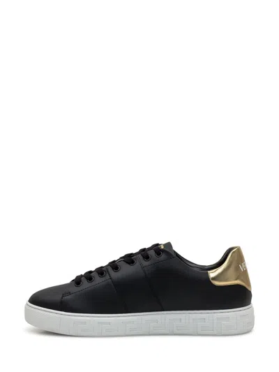 Versace Black Low Top Sneakers With Contrasting Heel With Logo Lettering And Medusa Plaque In Tech Fabric Ma