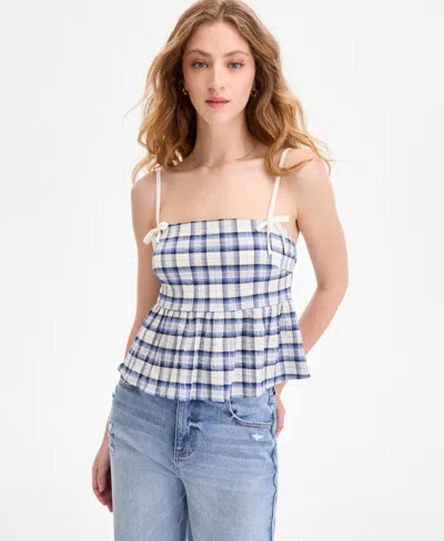 Planet Heart Juniors' Plaid Babydoll Sleeveless Tank In Blue