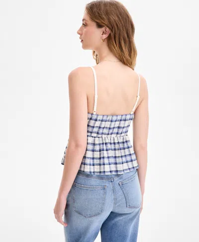 Planet Heart Juniors' Plaid Babydoll Sleeveless Tank In Blue