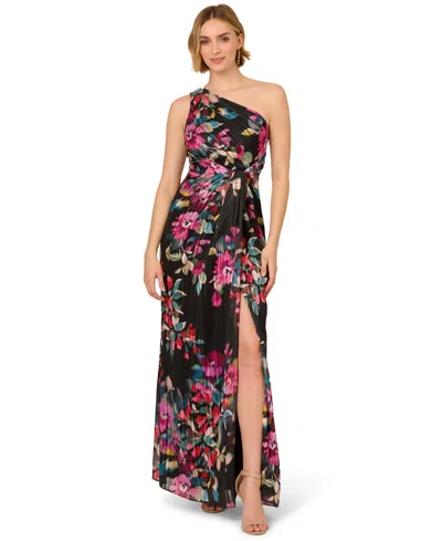 Adrianna Papell Pleated Floral Print One-shoulder Chiffon Gown In Multi