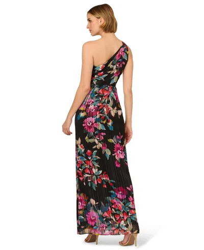 Adrianna Papell Pleated Floral Print One-shoulder Chiffon Gown In Multi