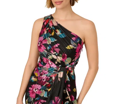 Adrianna Papell Pleated Floral Print One-shoulder Chiffon Gown In Multi