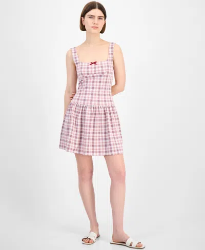 Planet Heart Juniors' Plaid Drop-waist Mini Dress In Pink