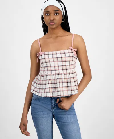 Planet Heart Juniors' Plaid Babydoll Sleeveless Tank In Neutral