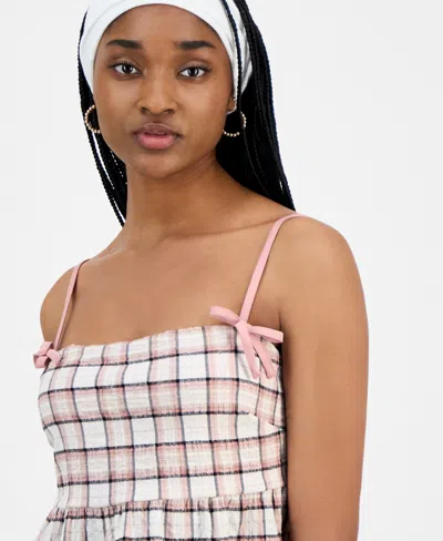 Planet Heart Juniors' Plaid Babydoll Sleeveless Tank In Neutral