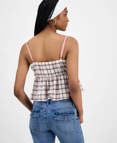 Planet Heart Juniors' Plaid Babydoll Sleeveless Tank In Neutral