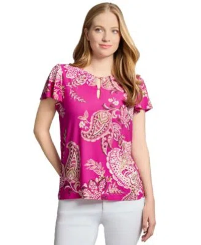 Jones New York Petite Paisley-print Keyhole Flutter-sleeve Top