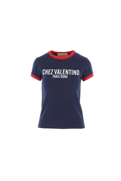 Valentino Crew Neck Cotton T-shirt With Contrast Trim In Blue