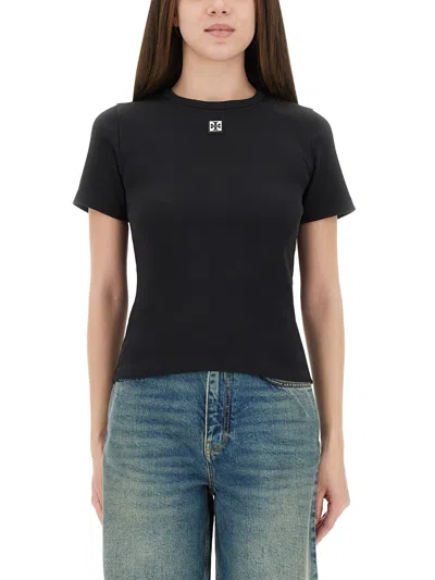 Tory Burch Crew Neck Ribbed Texture Short Sleeves Top In Black
