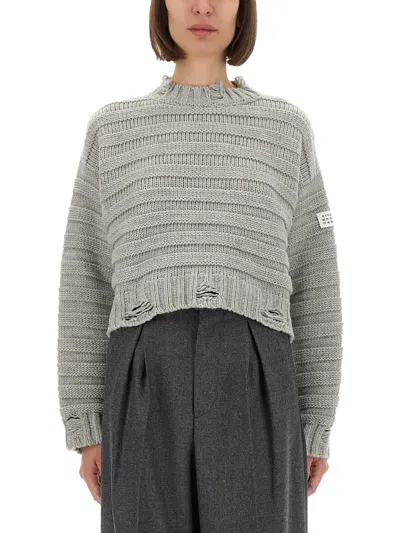 Mm6 Maison Margiela Mm6 By Maison Margiela Cropped Grey Crewneck Sweater