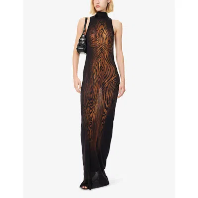 Jean Paul Gaultier Womens Printed Sleeveless Woven Midi Dress Black/brown Xl