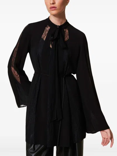 Twinset Twin-set Pussy-bow Collar Dress With Tied Waist In Black