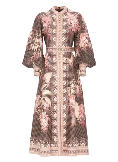 Zimmermann Floral-patterned Linen Maxi Dress With Puffed Sleeves In Brown