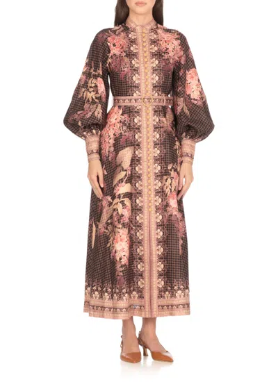Zimmermann Floral-patterned Linen Maxi Dress With Puffed Sleeves In Brown
