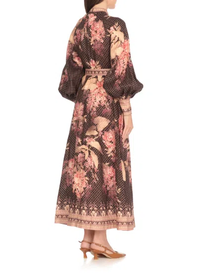 Zimmermann Floral-patterned Linen Maxi Dress With Puffed Sleeves In Brown