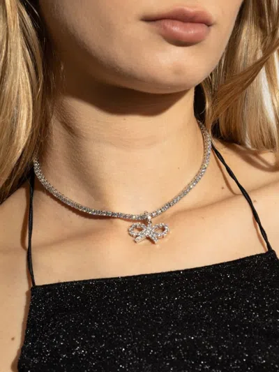 Self-portrait Delicate Silver Necklace With Crystal-embellished Bow Design