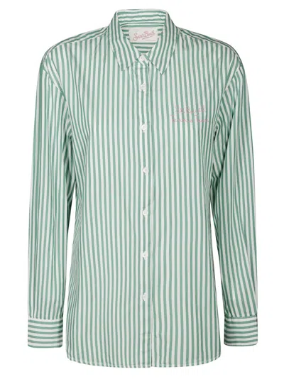 Mc2 Saint Barth Aqua Green Striped Shirt With Embroidered Details In Green