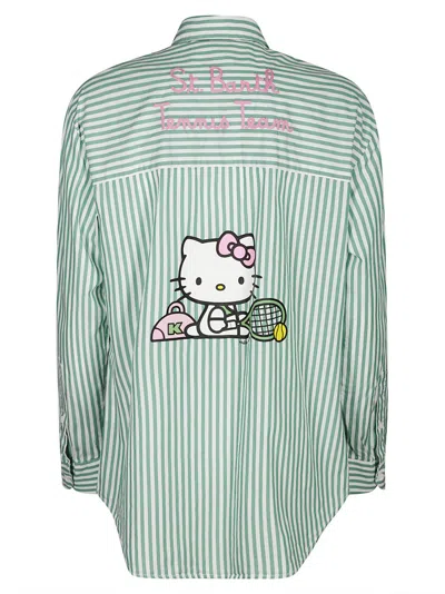 Mc2 Saint Barth Aqua Green Striped Shirt With Embroidered Details In Green