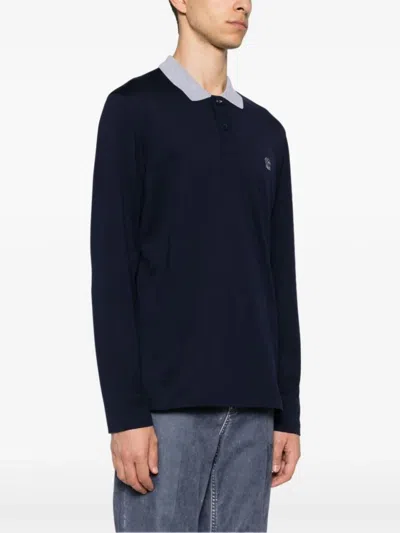 Brunello Cucinelli Long Sleeve Polo Shirt With Contrast Collar In Blue