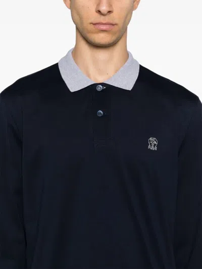 Brunello Cucinelli Long Sleeve Polo Shirt With Contrast Collar In Blue