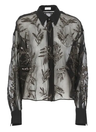 Brunello Cucinelli Black Silk Shirt With Floral Embroidery In Black
