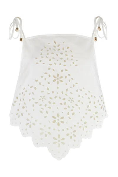 Self-portrait White Top With Asymmetric Hem And All-over Embroidery In Cotton Woman In White