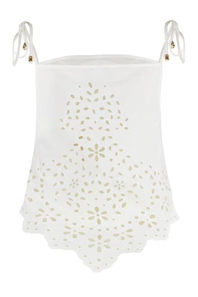 Self-portrait White Top With Asymmetric Hem And All-over Embroidery In Cotton Woman In White