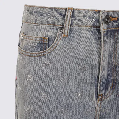 Self-portrait Light-blue Wide-leg Cotton Jeans With Bow In Gray
