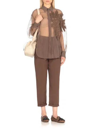 Brunello Cucinelli Brown Cotton Pants With Elastic High Waist