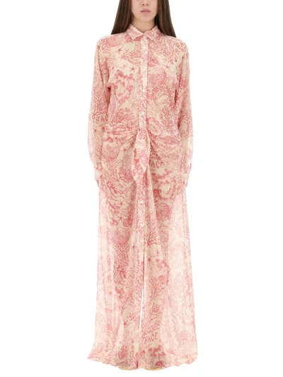 Versace Printed Sheer Fabric Dress With Long Sleeves In Pink