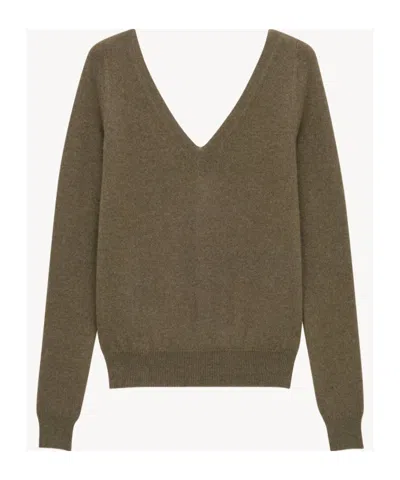 Saint Laurent Luxurious Cashmere V-neck Sweater With Ribbed Trims In Green