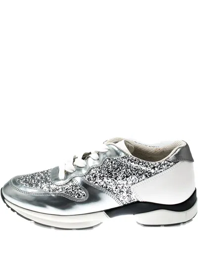Pre-owned Tod's Vintage Glitter Leather Sneakers In Silver