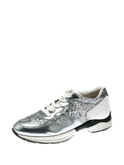 Pre-owned Tod's Vintage Glitter Leather Sneakers In Silver