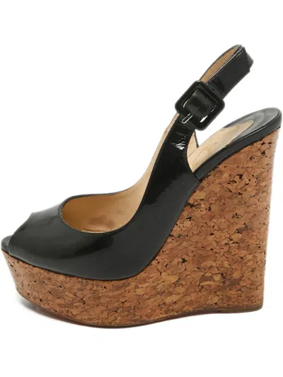 Pre-owned Christian Louboutin Patent Leather Cork Wedge Sandals In Black