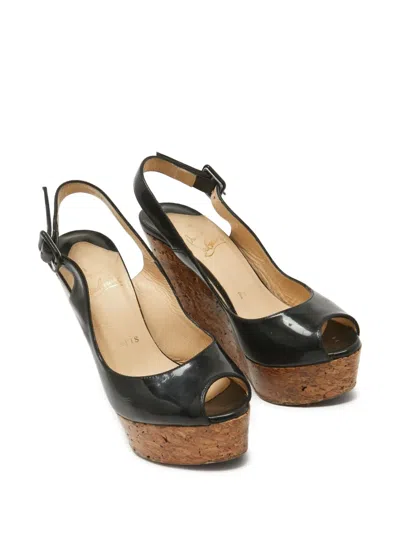 Pre-owned Christian Louboutin Patent Leather Cork Wedge Sandals In Black