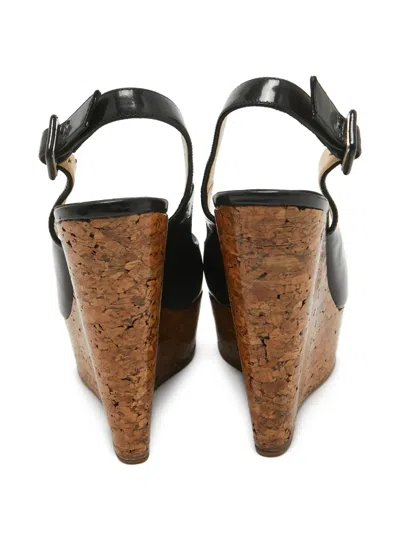 Pre-owned Christian Louboutin Patent Leather Cork Wedge Sandals In Black