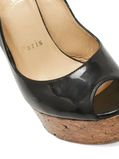 Pre-owned Christian Louboutin Patent Leather Cork Wedge Sandals In Black