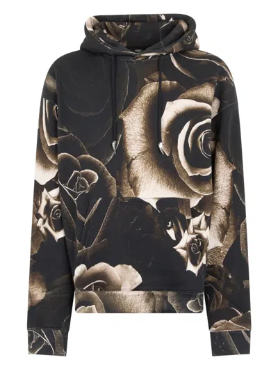 Roberto Cavalli Rose-print Hooded Sweatshirt In Black