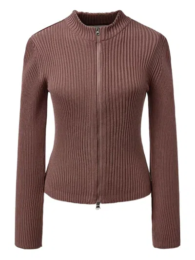 Amomento Mock-neck Ribbed Cardigan In Brown