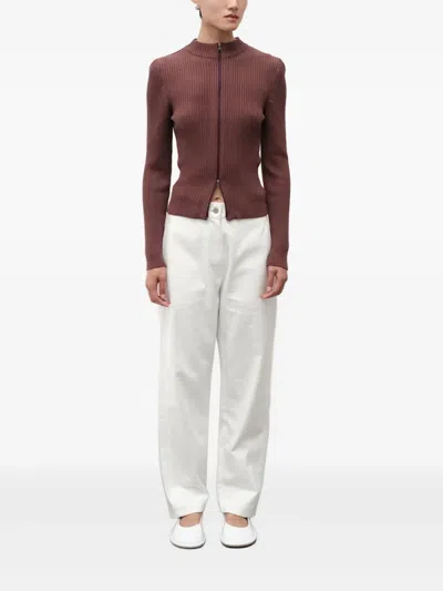 Amomento Mock-neck Ribbed Cardigan In Brown