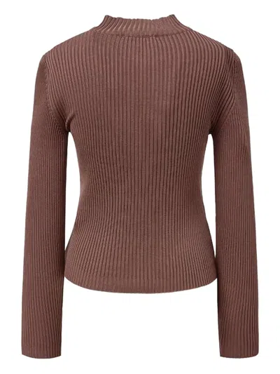 Amomento Mock-neck Ribbed Cardigan In Brown