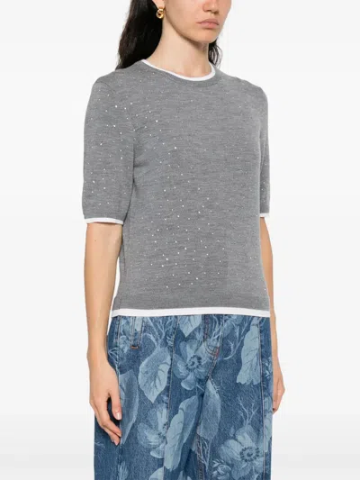 Maje Embellished-wool Short-sleeve Sweater In Gray