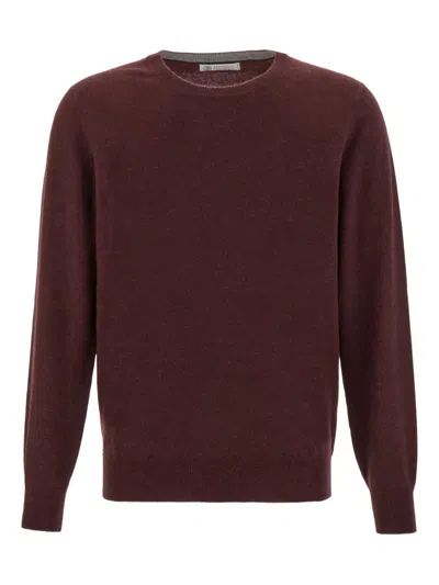 Brunello Cucinelli Cashmere Crew-neck Sweater Ribbed Profiles In Burgundy