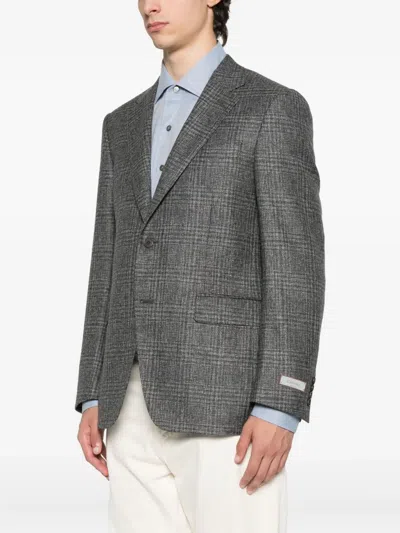 Canali Checked Two-button Blazer In Gray
