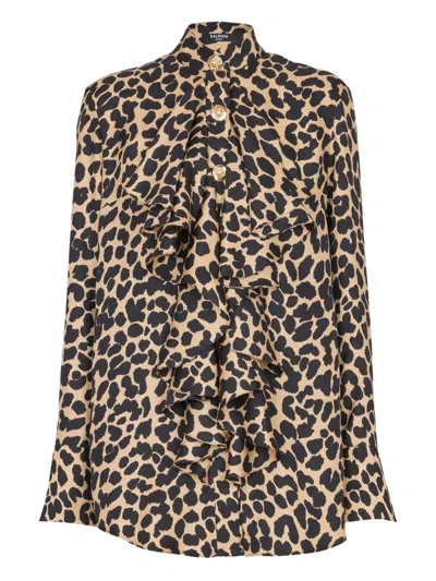 Balmain Jabot Collar Leopard Print Shirt In Brown