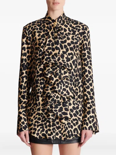 Balmain Jabot Collar Leopard Print Shirt In Brown