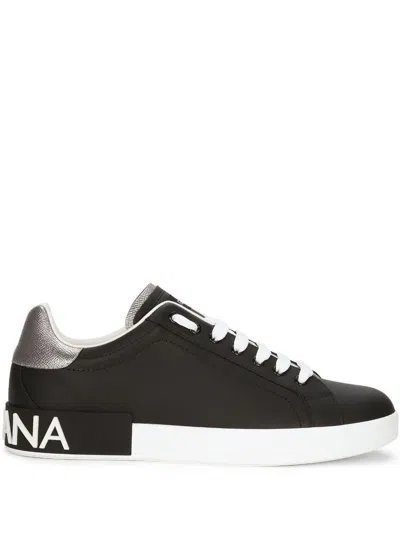 Dolce & Gabbana Portofino Sneakers In Black Leather With Silver Inserts