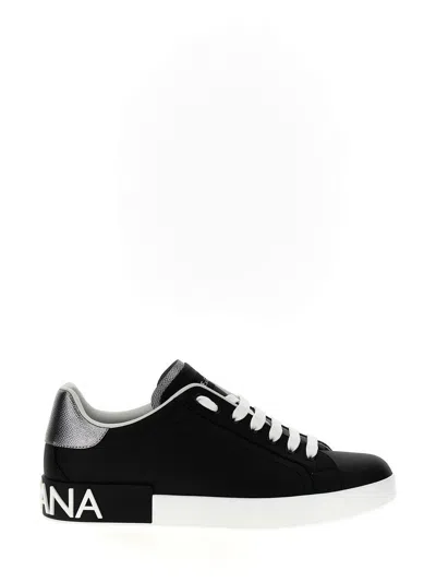 Dolce & Gabbana Portofino Sneakers In Black Leather With Silver Inserts